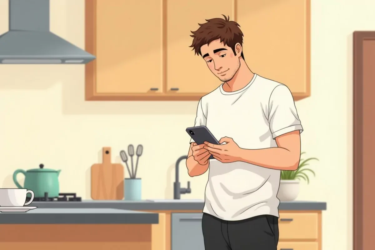 is checking a phone at a kitchen counter with a cup of black coffee, tracking a food journal app