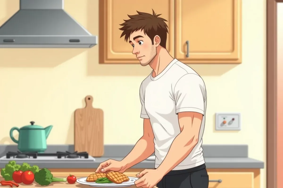 is preparing a plate of grilled chicken and vegetables at a kitchen counter