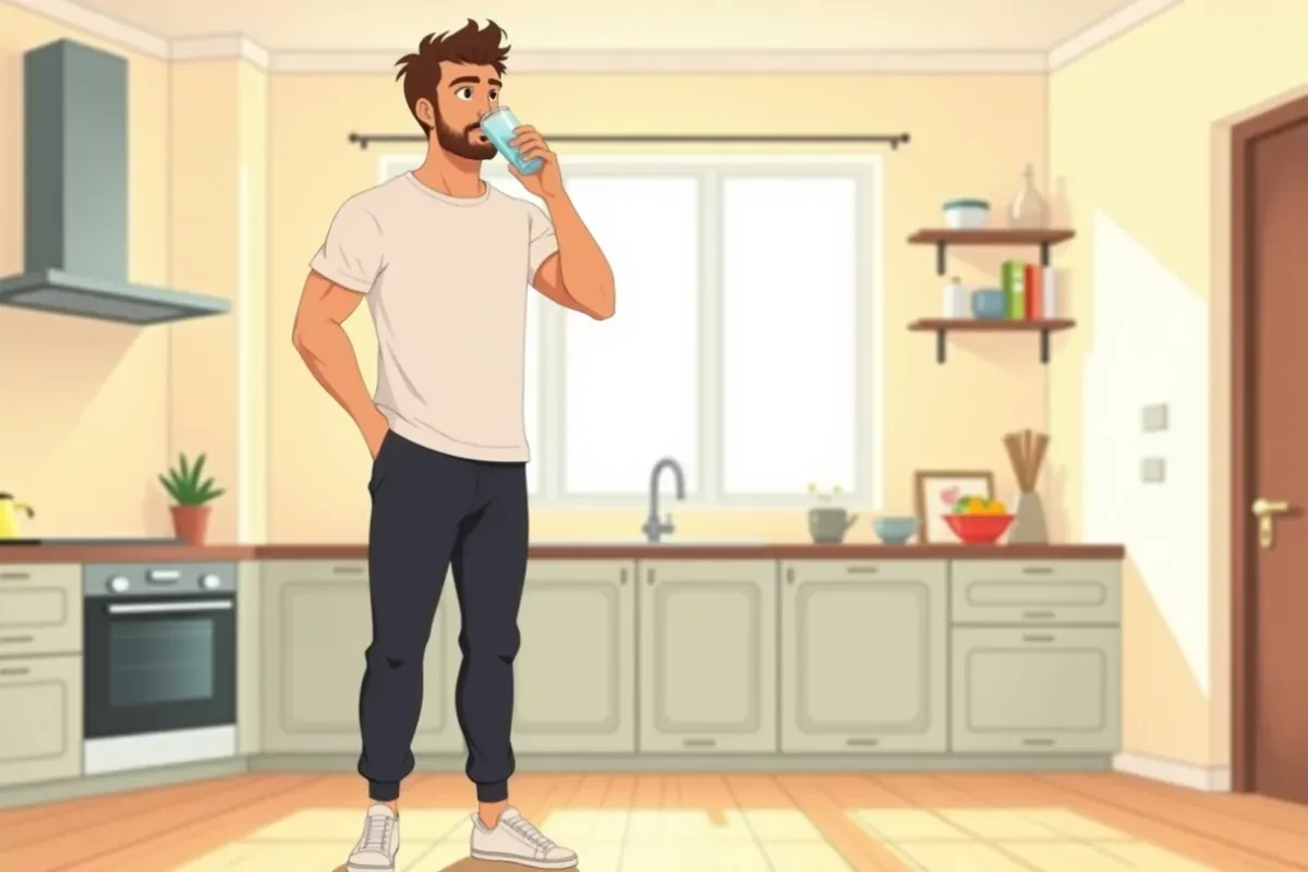 is drinking a glass of water in a bright kitchen after exercising