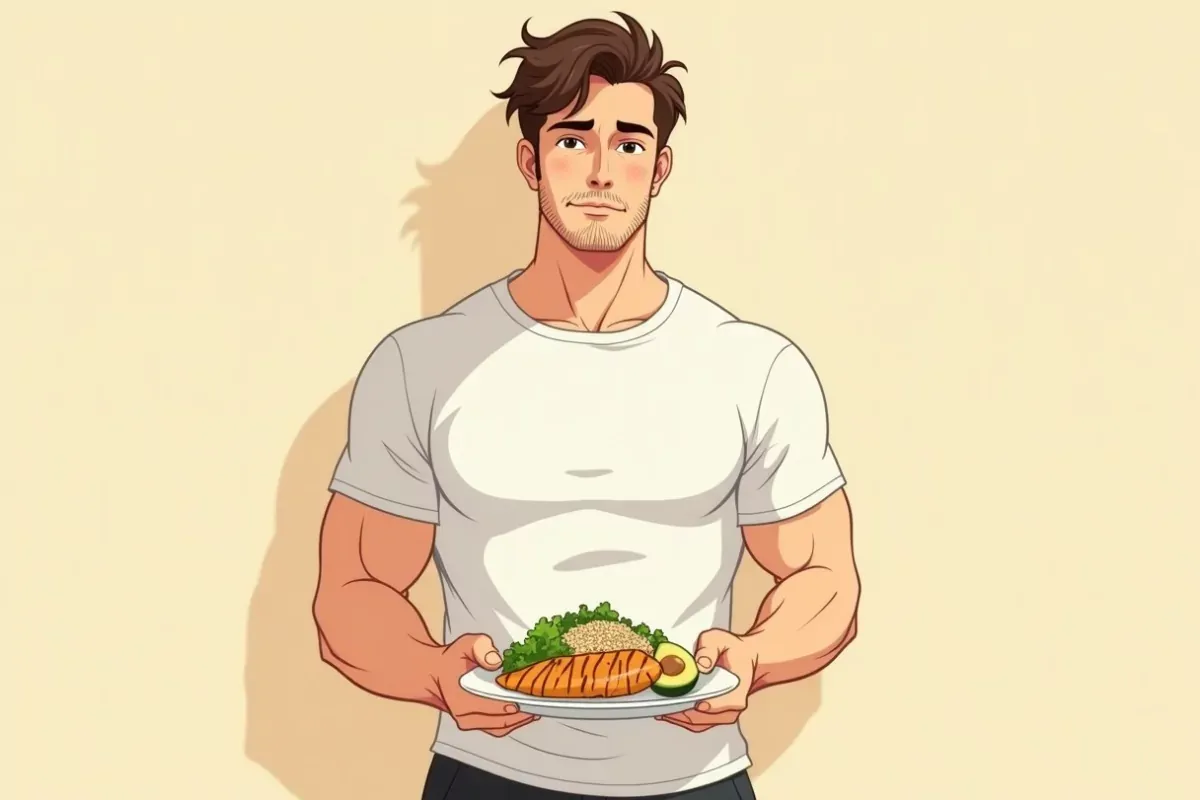 is holding a healthy meal plate with grilled chicken, salad, quinoa and avocado - Studio Ghibli anime illustration