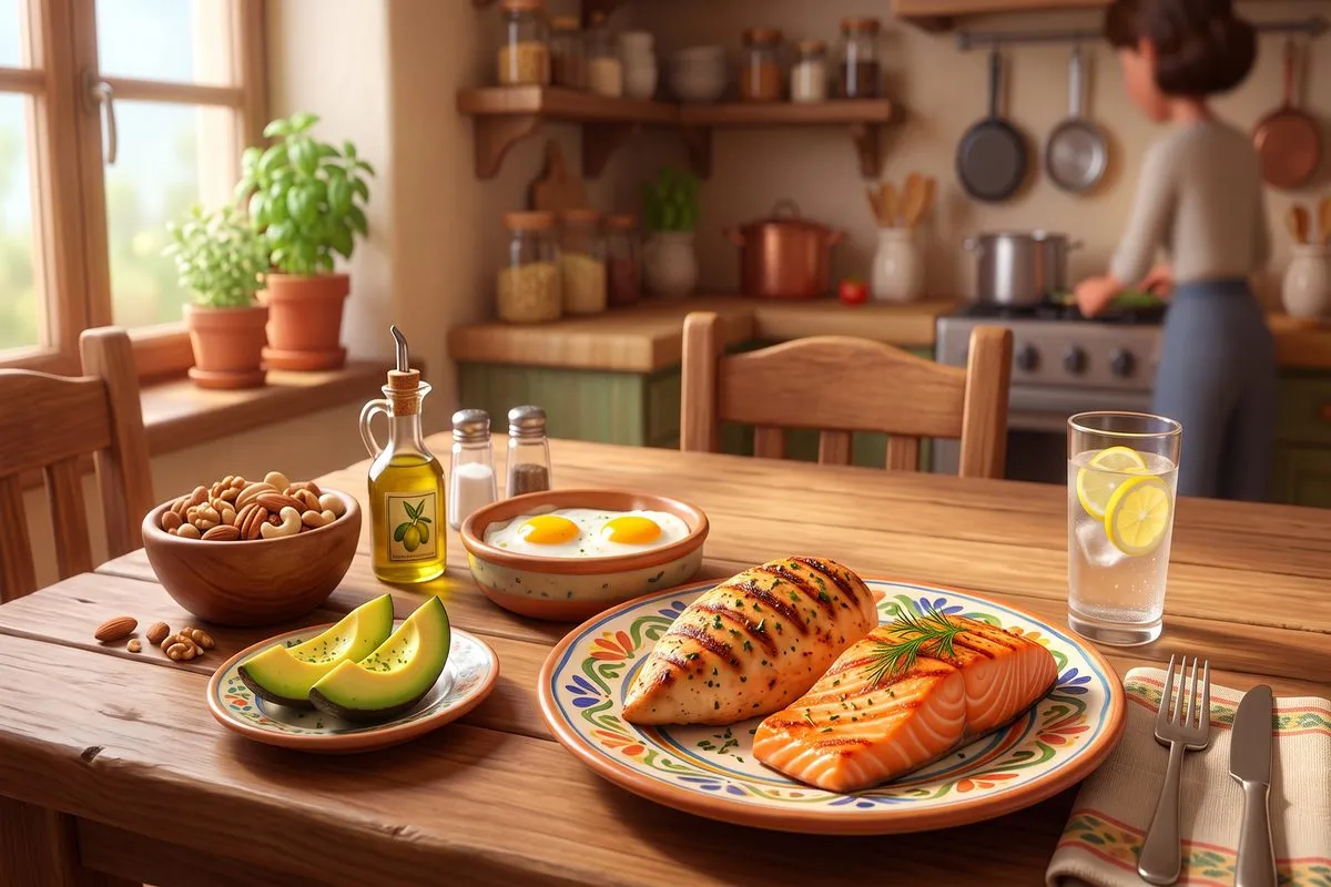 protein and healthy fats fight fatigue chicken eggs avocado salmon 3D animation