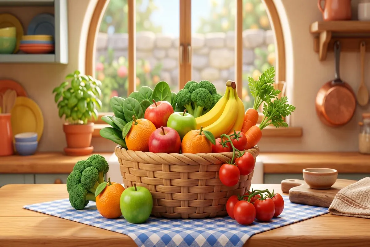 fruits and vegetables boost energy fight fatigue colorful basket 3D animation