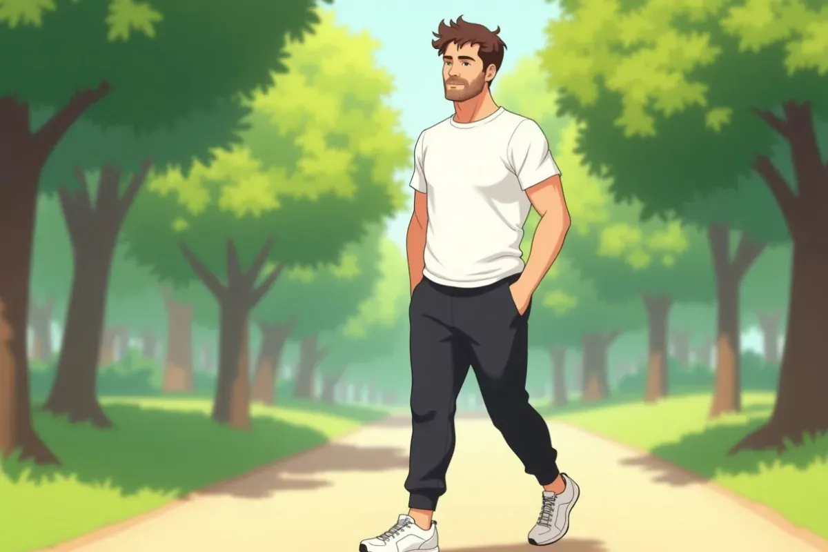 is walking briskly on a park path in sports clothes - Studio Ghibli anime illustration