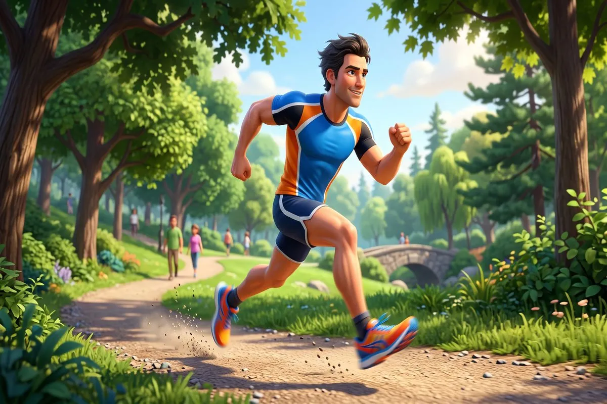 3D animated athletic man running on park trail dynamic pose energetic expression