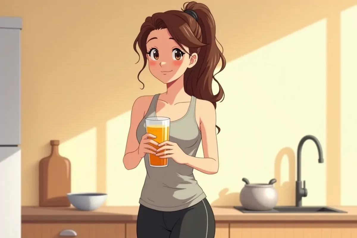 is pouring apple cider vinegar from a bottle into a glass of water with both hands, making a drink in a bright kitchen - Studio Ghibli anime illustrat