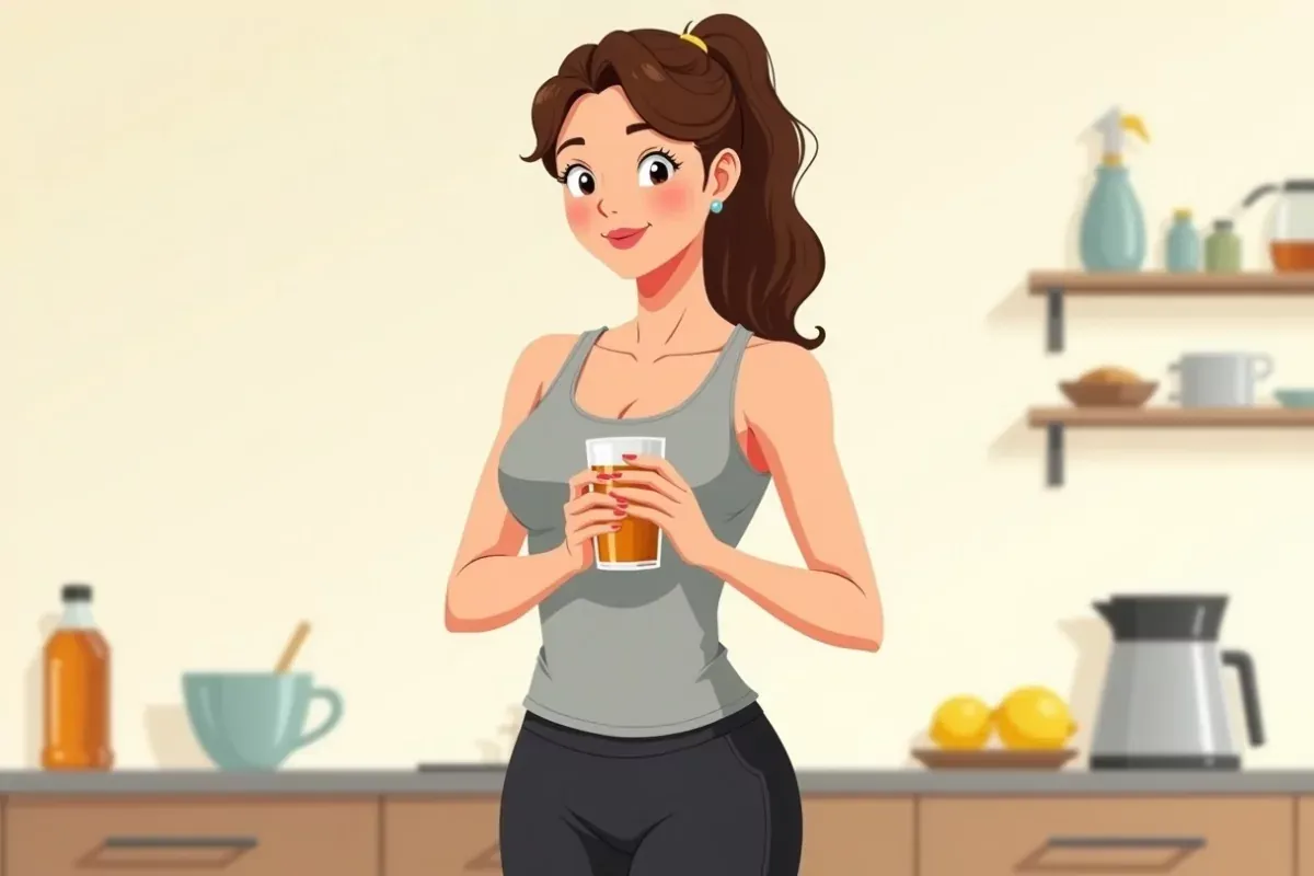 is stirring an apple cider vinegar drink in a glass with a spoon held in one hand, holding the glass with the other, lemon and honey on the counter - 