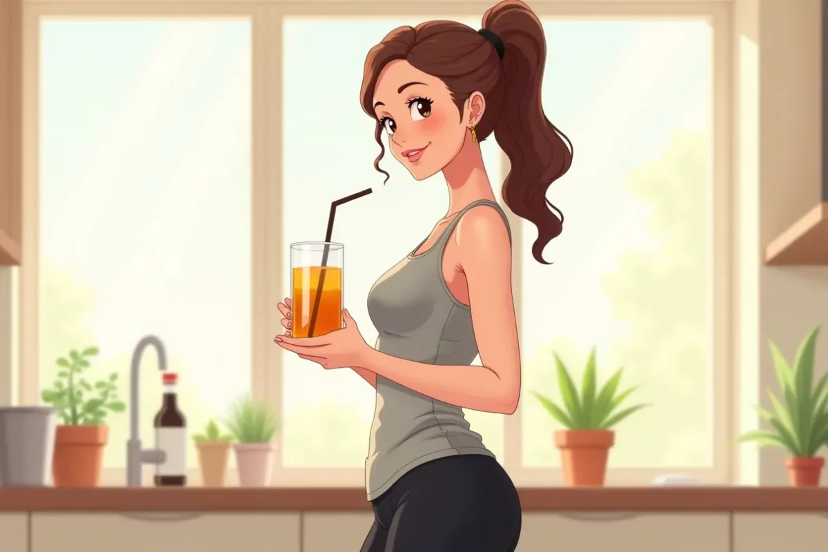is drinking a glass of apple cider vinegar drink through a straw held in both hands, protecting her teeth, in a bright kitchen - Studio Ghibli anime i