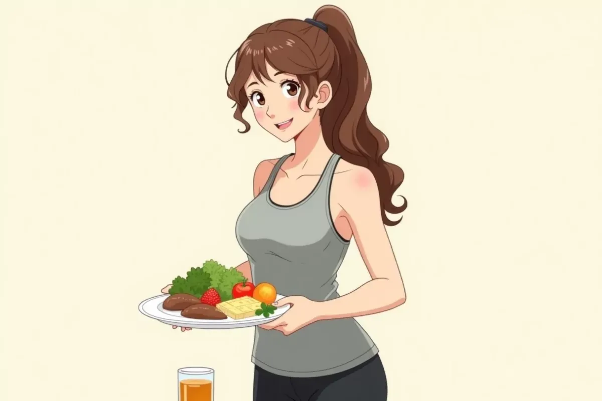 is holding a balanced healthy meal plate with both hands next to a small glass of apple cider vinegar drink, showing it as part of a wider routine - S