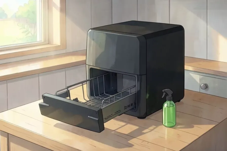 A black countertop air fryer with its basket drawer open on a kitchen counter beside a green oil spray bottle