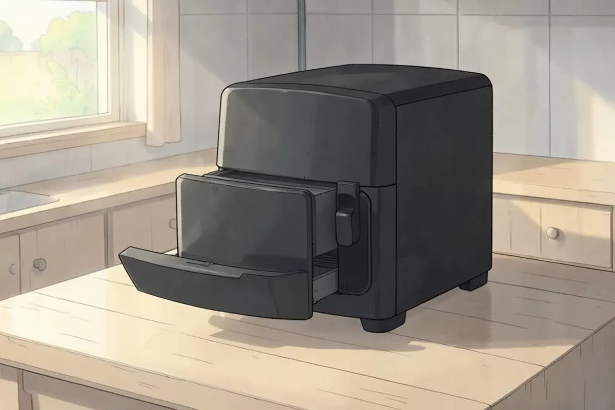 A black countertop air fryer sitting on a pale wooden kitchen counter