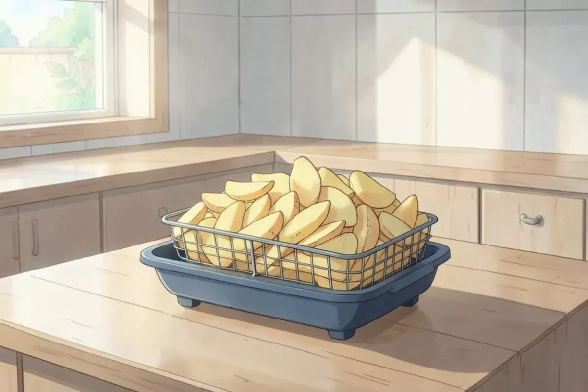 An air fryer basket filled with golden potato wedges on a kitchen counter