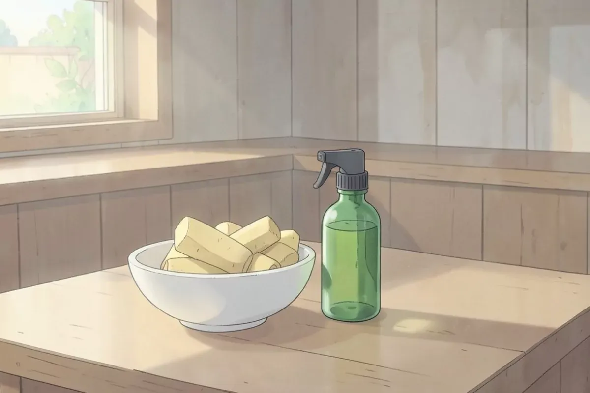 A green glass oil spray bottle beside a bowl of raw cut potato sticks