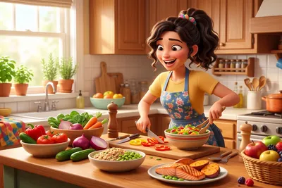 balanced eating tips fight fatigue boost daily energy 3D animation kitchen