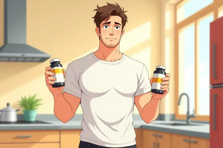 BCAA vs EAA - a man comparing two supplement tubs on a store shelf - Studio Ghibli anime illustration