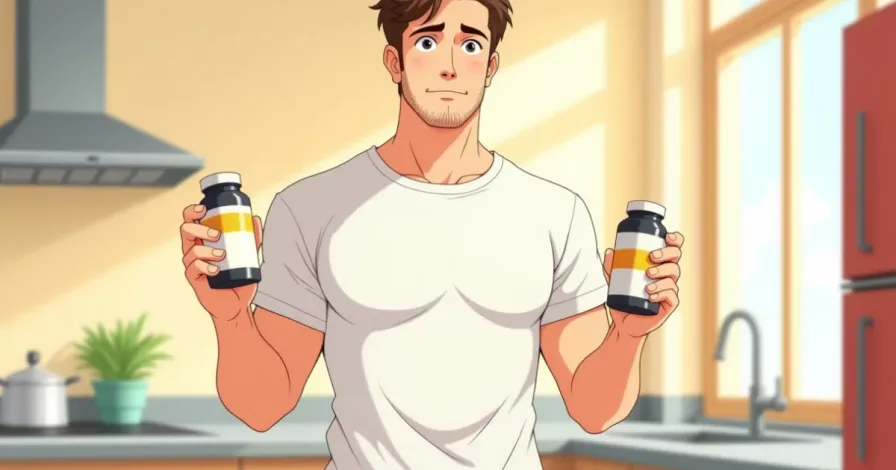 BCAA vs EAA - a man comparing two supplement tubs on a store shelf - Studio Ghibli anime illustration