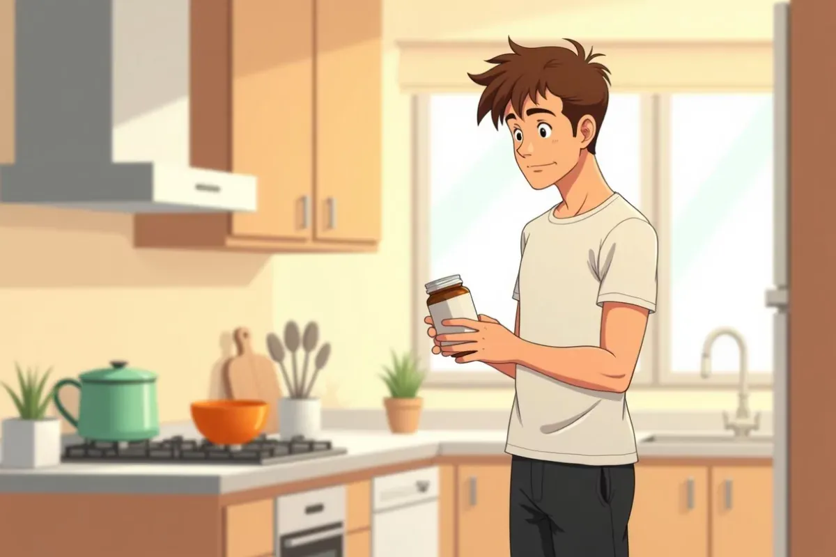 is reading the label on a supplement tub in a bright kitchen - Studio Ghibli anime illustration