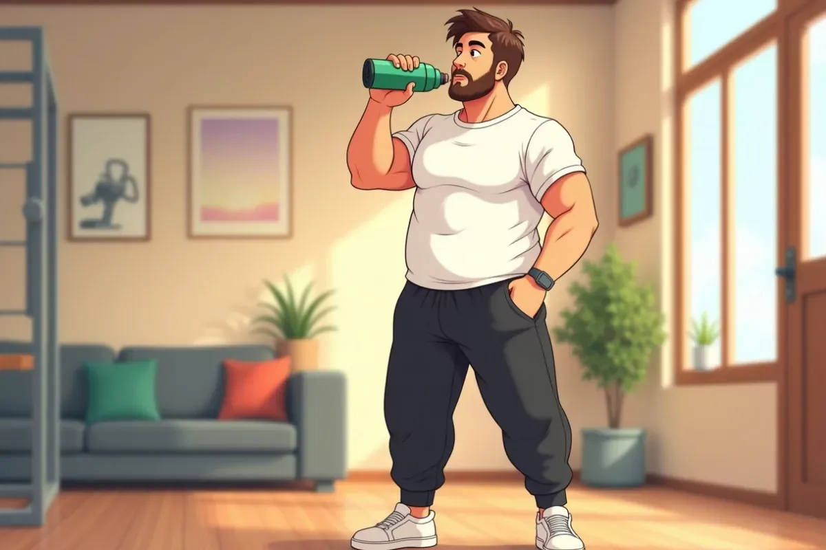 is drinking from a shaker bottle during a workout in a home gym - Studio Ghibli anime illustration