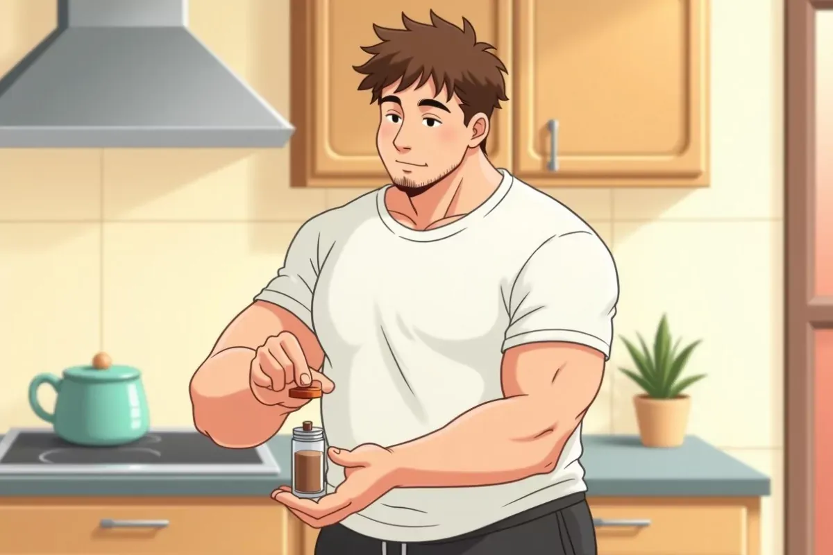 is measuring a scoop of powder into a shaker bottle on a kitchen counter - Studio Ghibli anime illustration