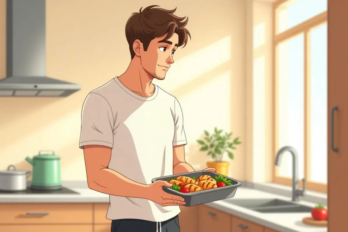 is standing in front of an open refrigerator looking at meal prep containers - Studio Ghibli anime illustration