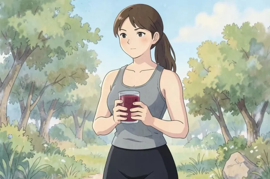 beet juice - a woman standing outdoors holding a glass of beet juice with both hands - Studio Ghibli anime illustration
