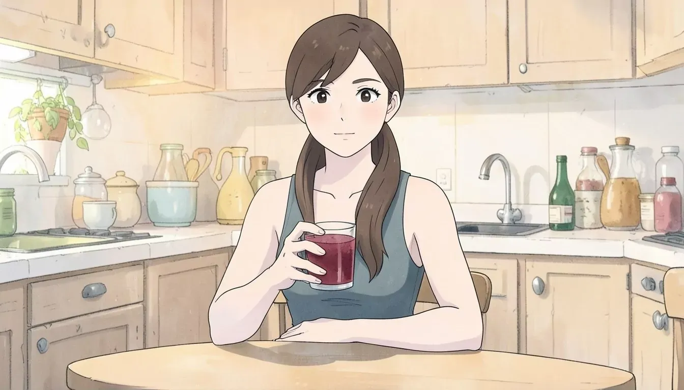is sitting at a kitchen table with both hands wrapped around a glass of beet juice, calm expression, bright kitchen - Studio Ghibli anime illustration