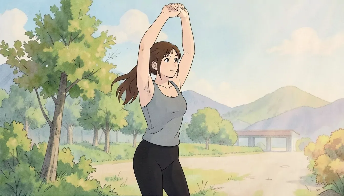 is standing outdoors with both arms raised overhead stretching before a run, focused expression, bright outdoor park - Studio Ghibli anime illustratio