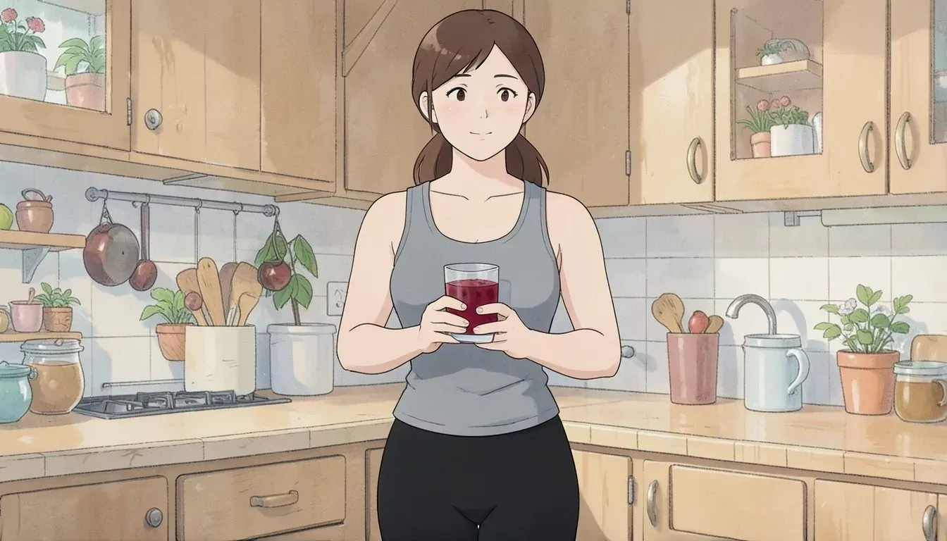 is standing in a kitchen holding a glass of beet juice with both hands, confident expression, bright kitchen - Studio Ghibli anime illustration