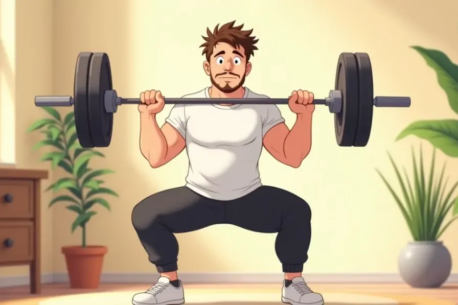 beginner gym workout - is doing a barbell back squat in a bright home gym