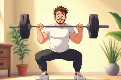 is doing a barbell back squat in a bright home gym
