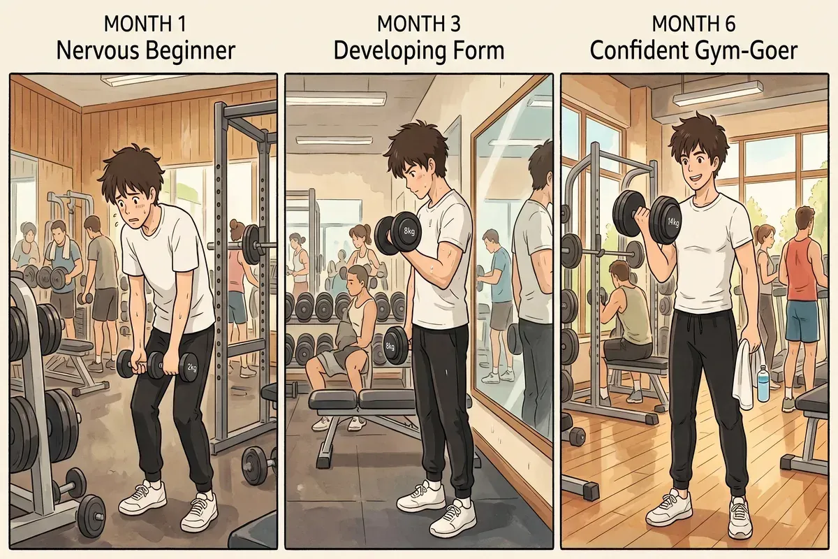 how long to see results beginner gym workout - Studio Ghibli anime illustration