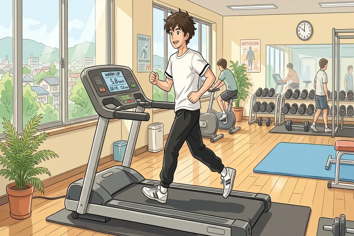 always warm up first beginner gym workout - Studio Ghibli anime illustration