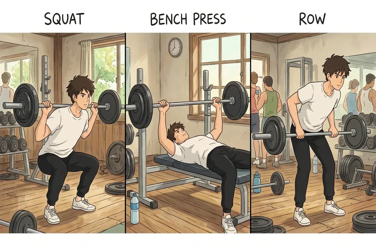 beginner gym workout full body plan squat bench row deadlift - Studio Ghibli anime illustration