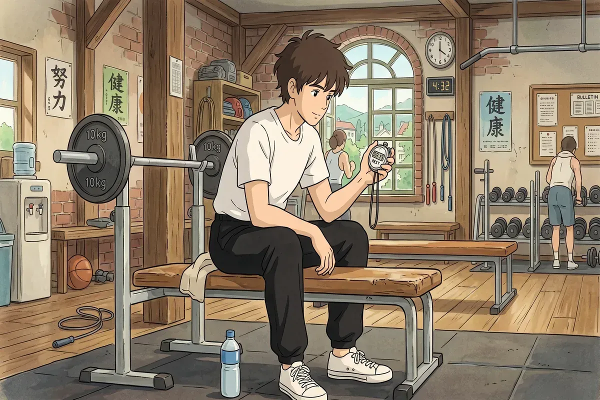 sets reps rest beginner gym workout - Studio Ghibli anime illustration