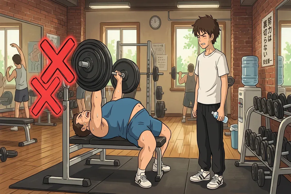 common beginner gym workout mistakes to avoid - Studio Ghibli anime illustration