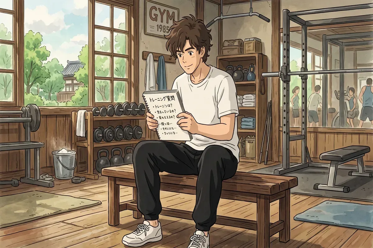 beginner gym workout faq strength training - Studio Ghibli anime illustration