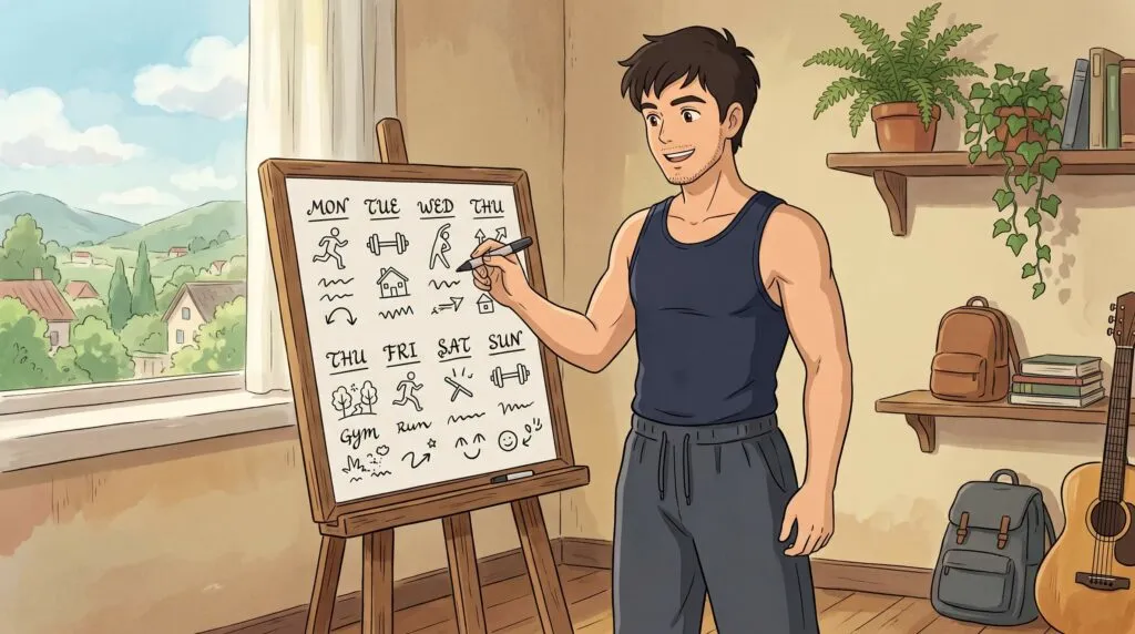 Building a beginner gym routine with a workout planner and dumbbells