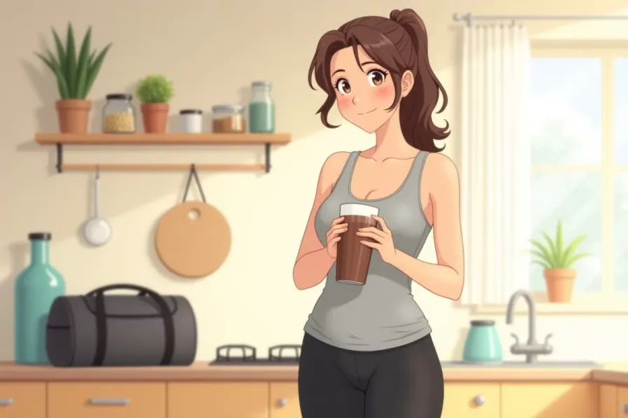 post-workout recovery drinks - a woman holding a glass of chocolate milk in her kitchen after training - Studio Ghibli anime illustration