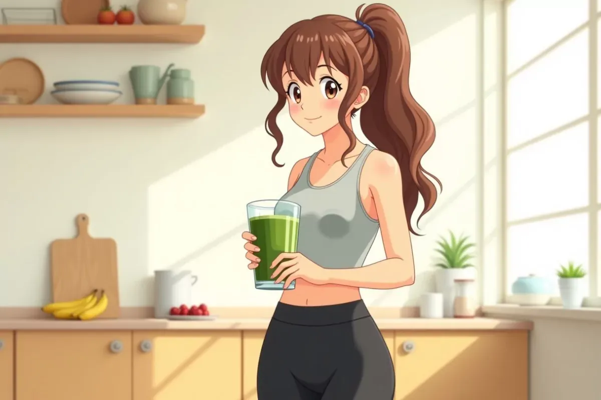 is pouring milk into a blender with both hands, making a protein smoothie in a bright kitchen - Studio Ghibli anime illustration