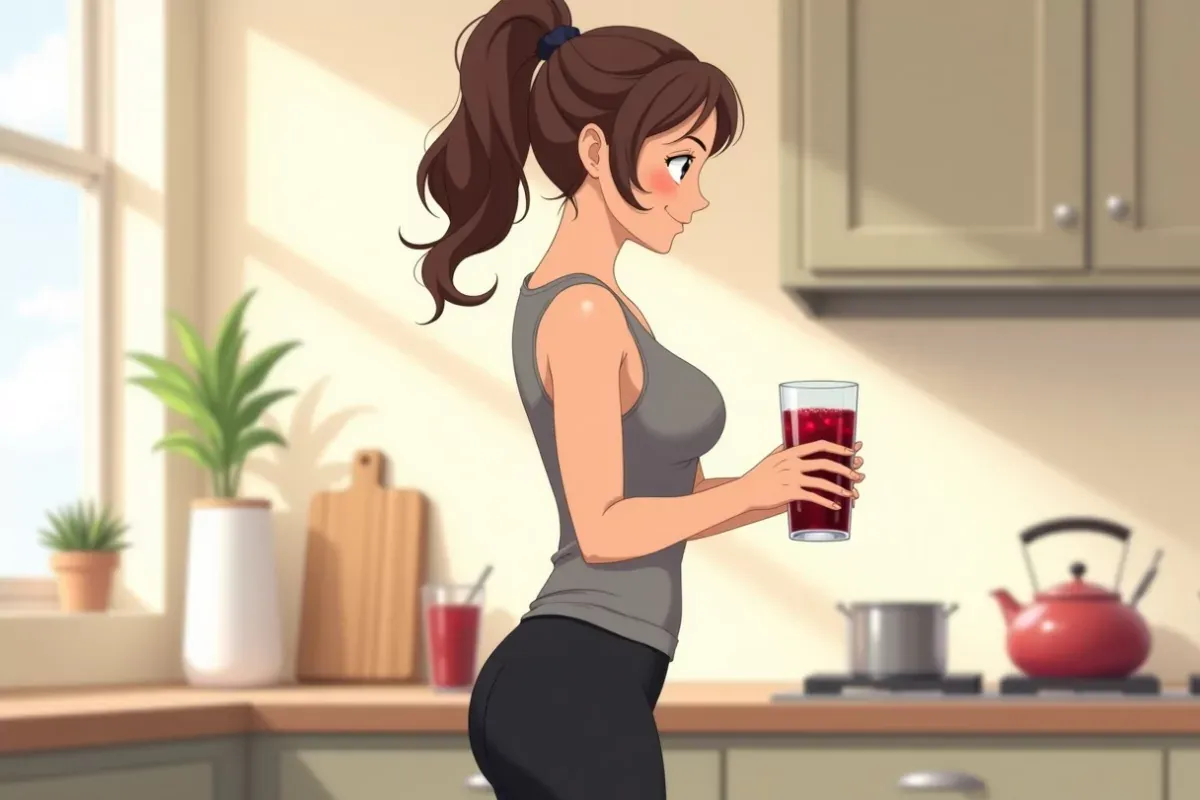 is holding a glass of dark red tart cherry juice with both hands, standing at a kitchen counter - Studio Ghibli anime illustration