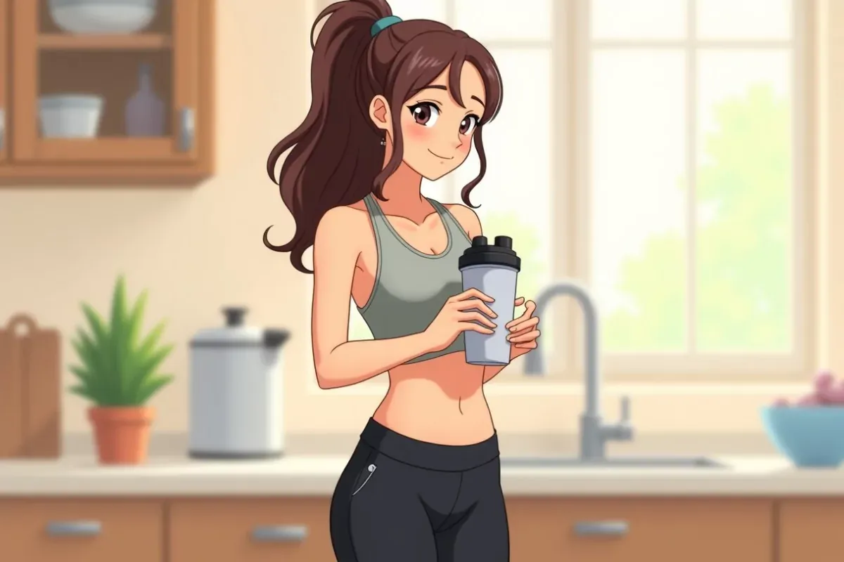 is holding a shaker bottle with both hands, mixing an electrolyte protein drink in a bright kitchen - Studio Ghibli anime illustration