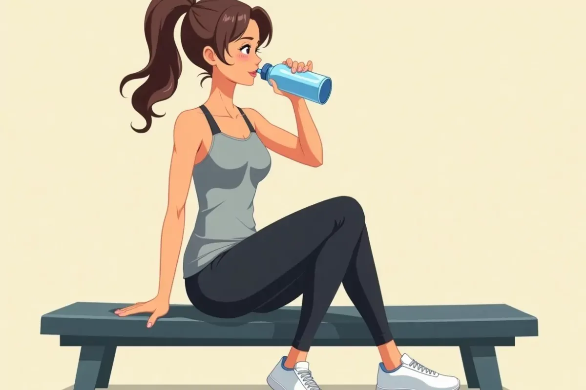 is sitting on a gym bench drinking from a water bottle with both hands, resting after a workout - Studio Ghibli anime illustration