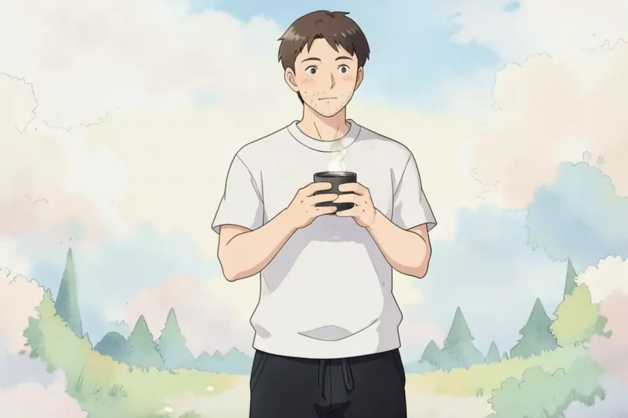 black coffee for weight loss - a man holding a warm cup of black coffee in his kitchen - Studio Ghibli anime illustration