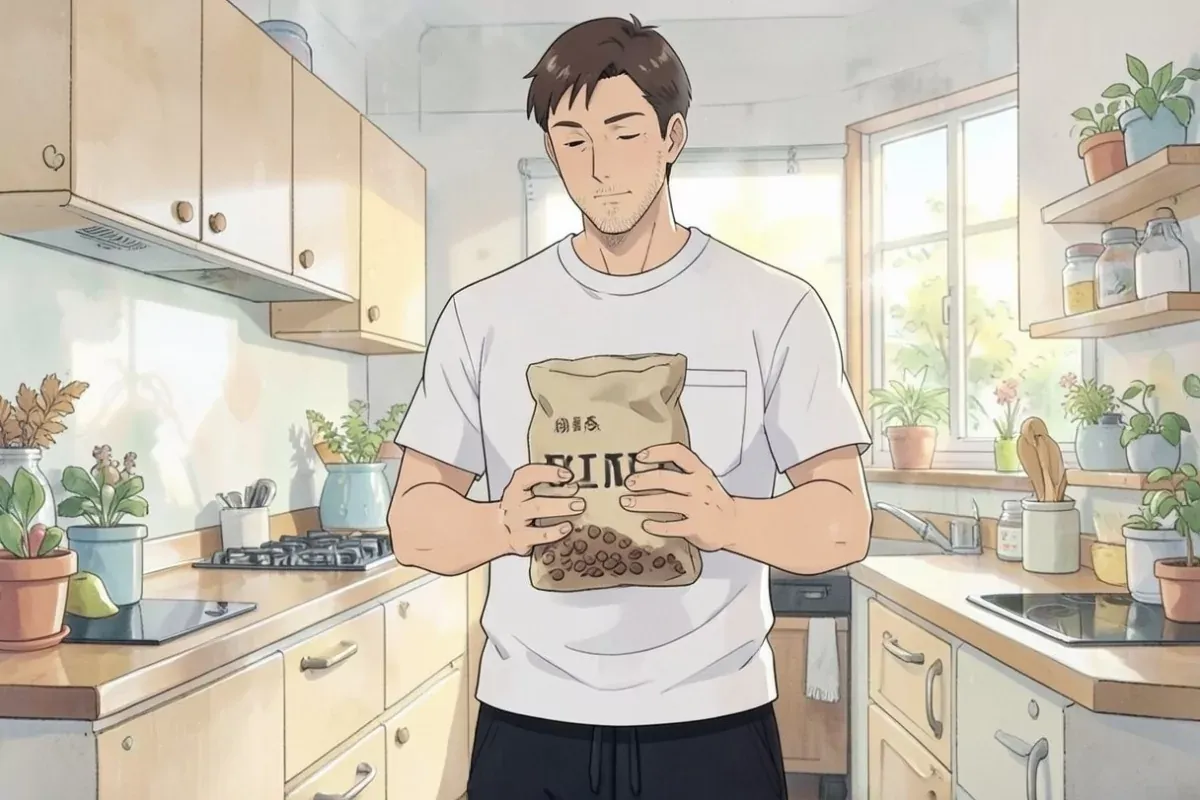 is holding a bag of coffee beans with both hands reading the label, bright kitchen counter with a coffee maker nearby - Studio Ghibli anime illustrati