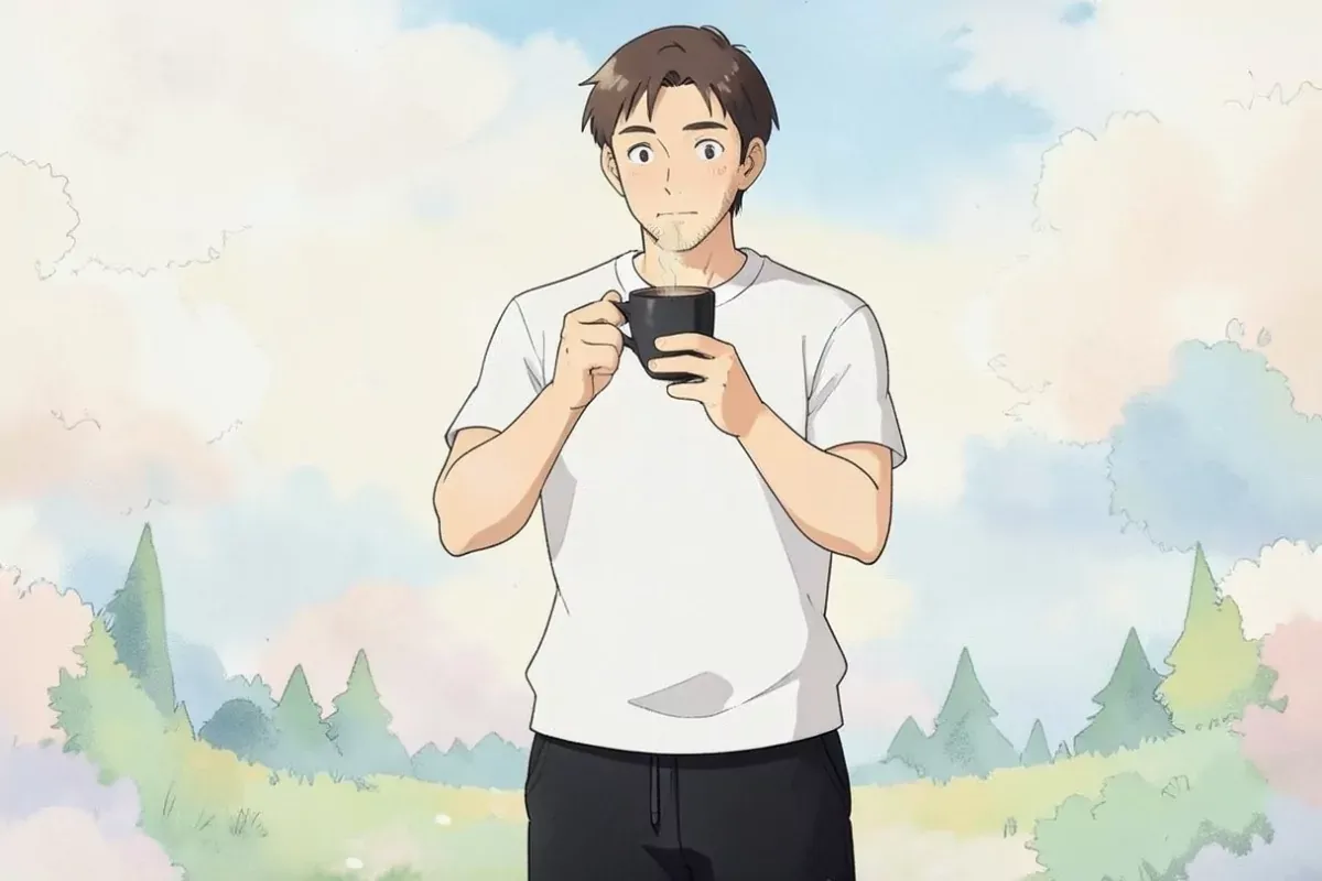 is holding a warm cup of black coffee with both hands, taking a slow sip, calm satisfied expression, bright kitchen - Studio Ghibli anime illustration