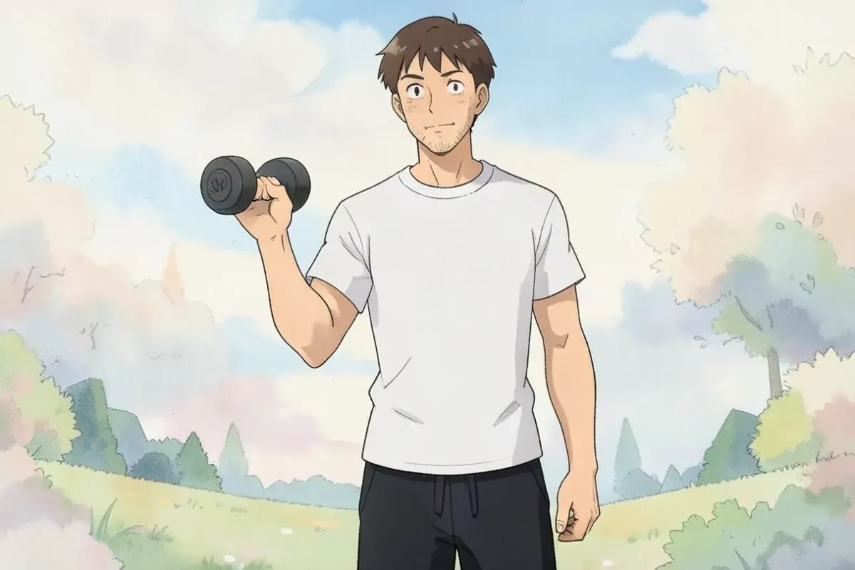 is holding a single compact hand dumbbell in his right hand doing a bicep curl, focused expression, bright indoor gym - Studio Ghibli anime illustrati