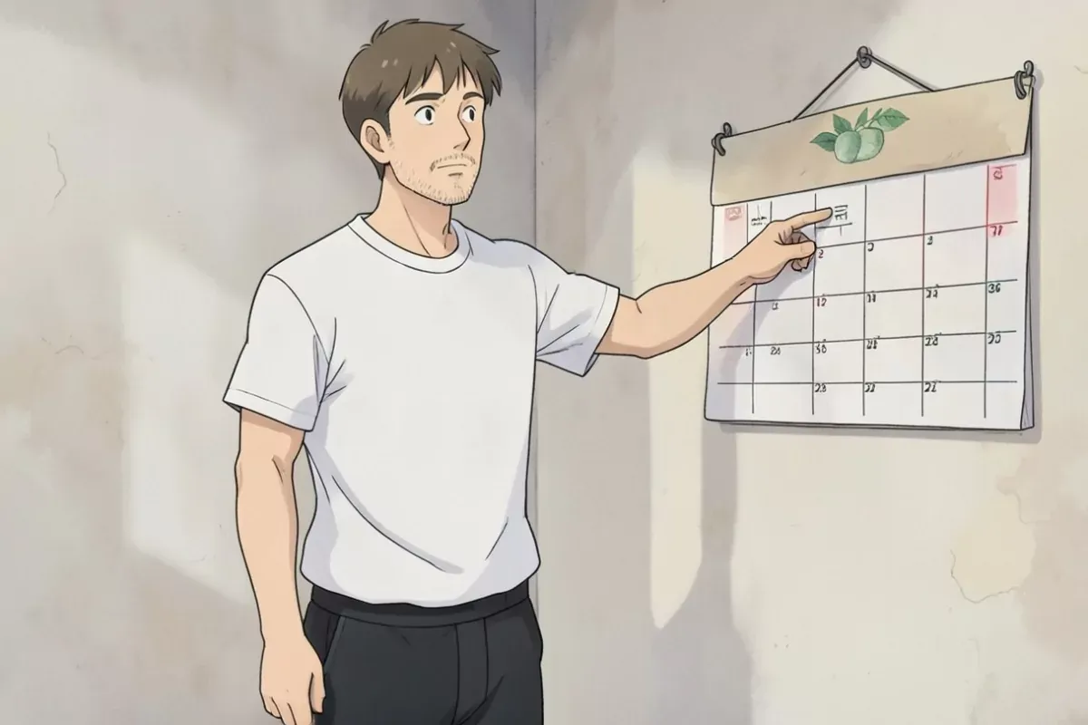 is standing in front of a calendar hanging on the wall, pointing at a marked date with one hand, bright kitchen - Studio Ghibli anime illustration