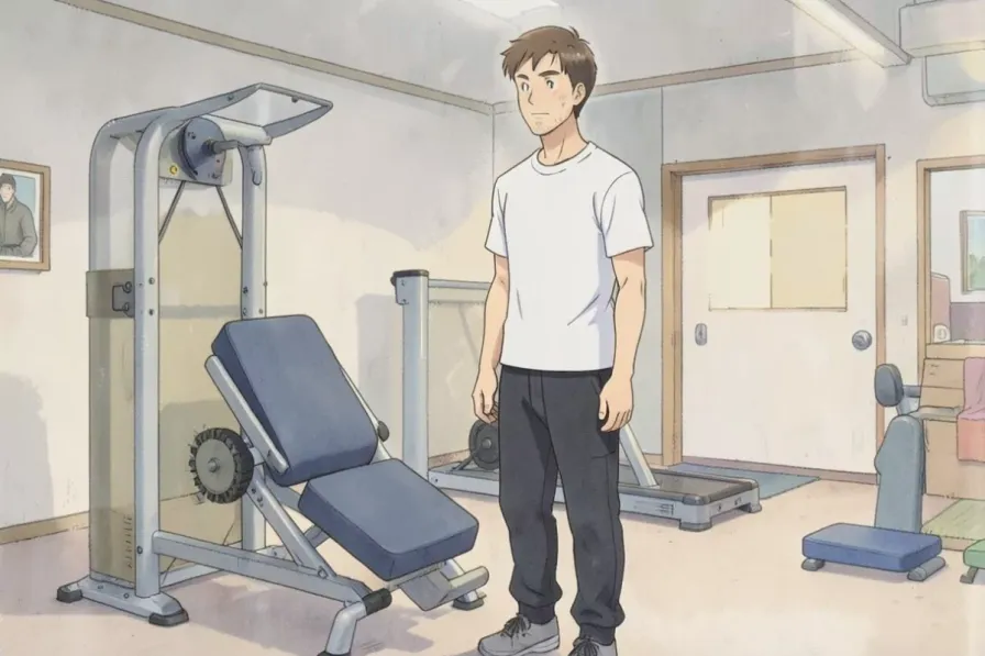 blood flow restriction training - a man standing in an indoor gym next to a leg exercise machine - Studio Ghibli anime illustration