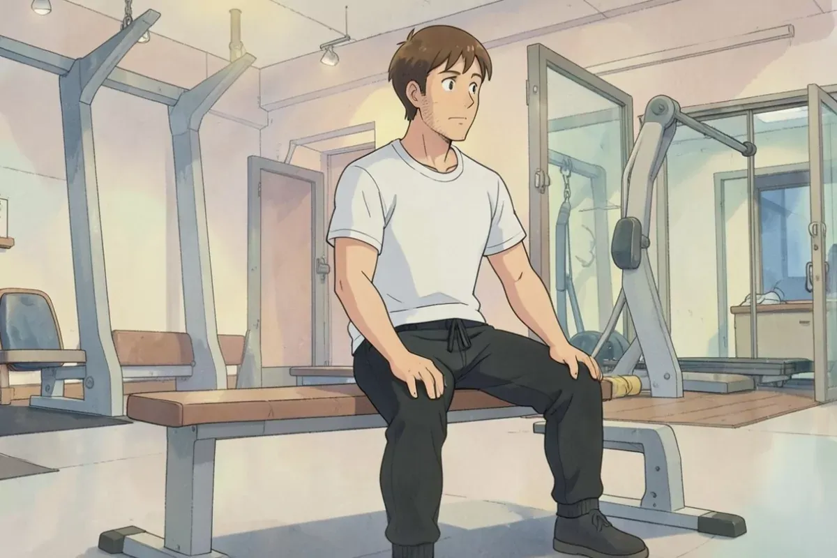 blood flow restriction training - a man sitting on a gym bench with both hands resting on his knees, indoor gym in the background - Studio Ghibli anime illustration