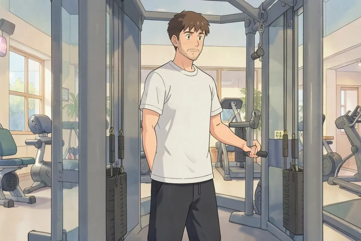 blood flow restriction training - a man standing at a cable machine in an indoor gym, gripping the handle - Studio Ghibli anime illustration