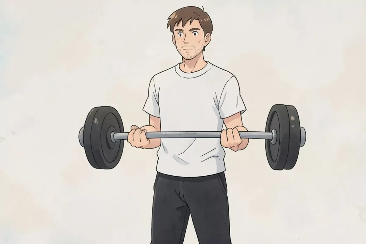 blood flow restriction training - a man standing in a home gym holding a barbell with both hands in a bicep curl position - Studio Ghibli anime illustration